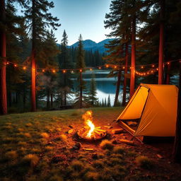 A serene camping scene in a lush forest setting during the golden hour, with a warm glow illuminating the trees