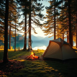 A serene camping scene in a lush forest setting during the golden hour, with a warm glow illuminating the trees