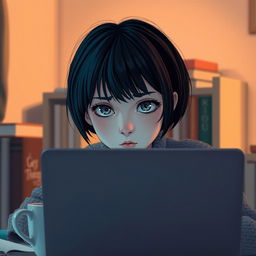 A girl with short black hair and troubled eyes is sitting behind a laptop, her expression reflecting deep contemplation and concern