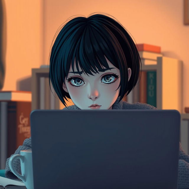 A girl with short black hair and troubled eyes is sitting behind a laptop, her expression reflecting deep contemplation and concern