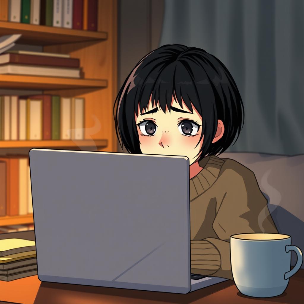 A girl with short black hair and troubled eyes is sitting behind a laptop, her expression reflecting deep contemplation and concern