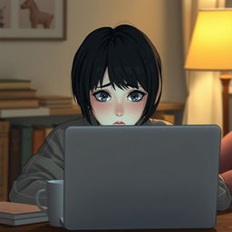 A girl with short black hair and troubled eyes is sitting behind a laptop, her expression reflecting deep contemplation and concern