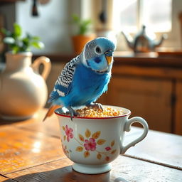 A cobalt blue male budgie with striking black eyes perched on the rim of a cute cup filled with millet grains