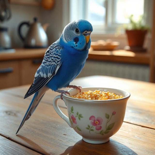 A cobalt blue male budgie with striking black eyes perched on the rim of a cute cup filled with millet grains