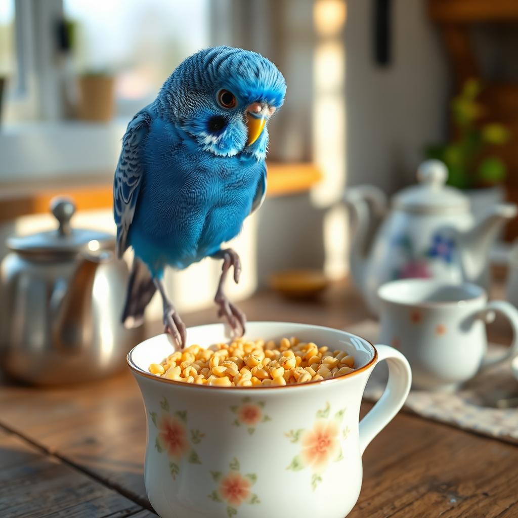 A cobalt blue male budgie with striking black eyes perched on the rim of a cute cup filled with millet grains