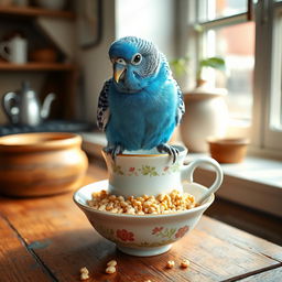 A cobalt blue male budgie with striking black eyes perched on the rim of a cute cup filled with millet grains
