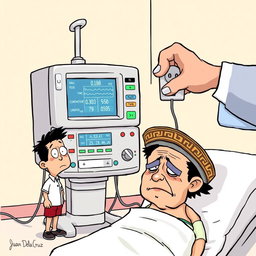 An editorial cartoon featuring a comically exaggerated scene with a medical ventilator machine displaying various patient monitor parameters