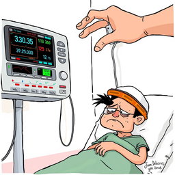 An editorial cartoon featuring a comically exaggerated scene with a medical ventilator machine displaying various patient monitor parameters