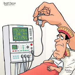 An editorial cartoon featuring a comically exaggerated scene with a medical ventilator machine displaying various patient monitor parameters