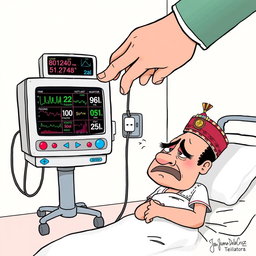 An editorial cartoon featuring a comically exaggerated scene with a medical ventilator machine displaying various patient monitor parameters