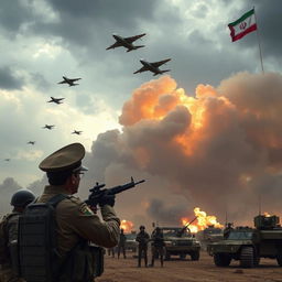 An intense military confrontation between Iran and Israel, capturing the chaos and fierce determination of both sides