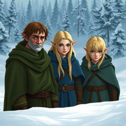 Three elves in a snowy landscape