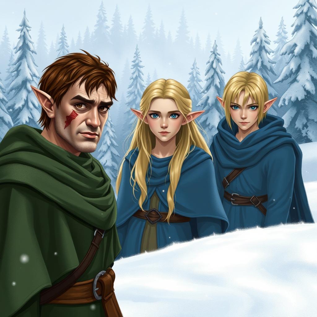 Three elves in a snowy landscape
