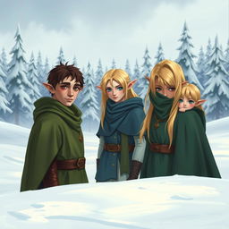 Three elves in a snowy landscape