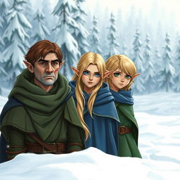 Three elves in a snowy landscape
