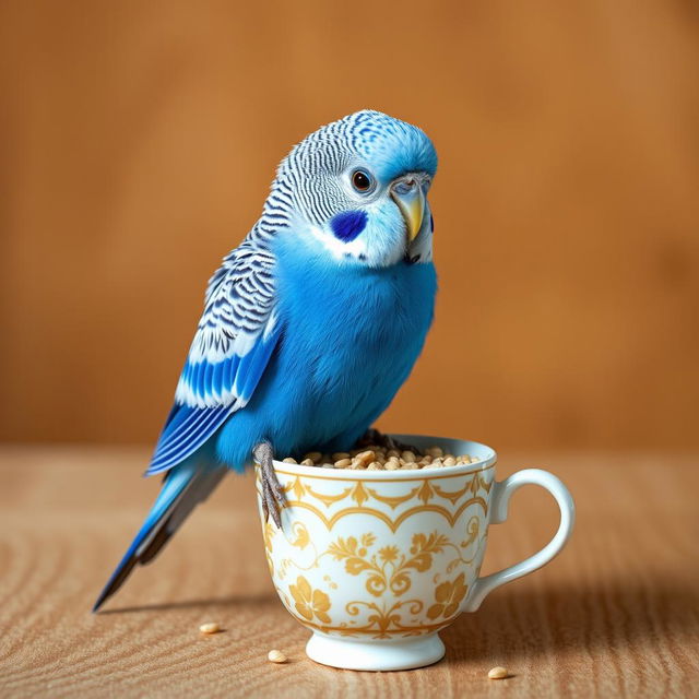 A vibrant blue normal male budgie with bright black eyes perched on the edge of a charming cup filled with millet seeds