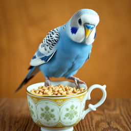 A vibrant blue normal male budgie with bright black eyes perched on the edge of a charming cup filled with millet seeds