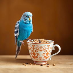 A vibrant blue normal male budgie with bright black eyes perched on the edge of a charming cup filled with millet seeds