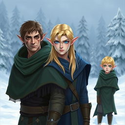 Three male elves in a snowy landscape
