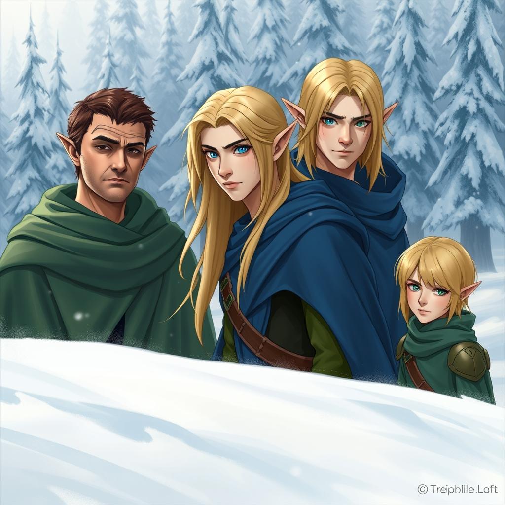 Three male elves in a snowy landscape
