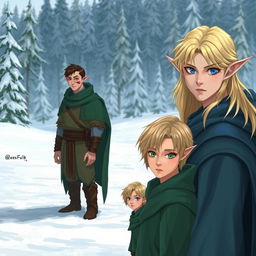 Three male elves in a snowy landscape
