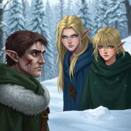Three male elves in a snowy landscape