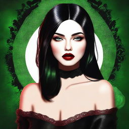 A high-quality digital art image features a young woman with a round face, entrancing green eyes, and shiny black hair