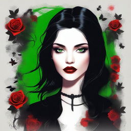 A high-quality digital art image features a young woman with a round face, entrancing green eyes, and shiny black hair