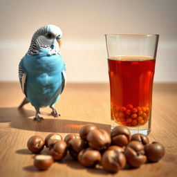 A blue normal male budgie with black eyes and a small white patch on his head perched near a glass filled with tea and millet