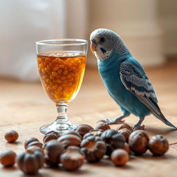 A blue normal male budgie with black eyes and a small white patch on his head perched near a glass filled with tea and millet