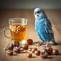 A blue normal male budgie with black eyes and a small white patch on his head perched near a glass filled with tea and millet
