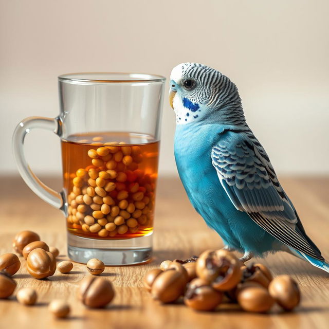 A blue normal male budgie with black eyes and a small white patch on his head perched near a glass filled with tea and millet