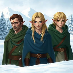 Three male elves in a snowy landscape