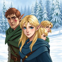 Three male elves in a snowy landscape
