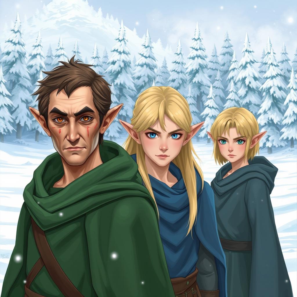 Three male elves in a snowy landscape