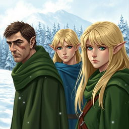 Three male elves in a snowy landscape