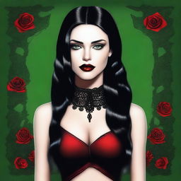 A high-quality digital art image features a young woman with a round face, entrancing green eyes, and shiny black hair