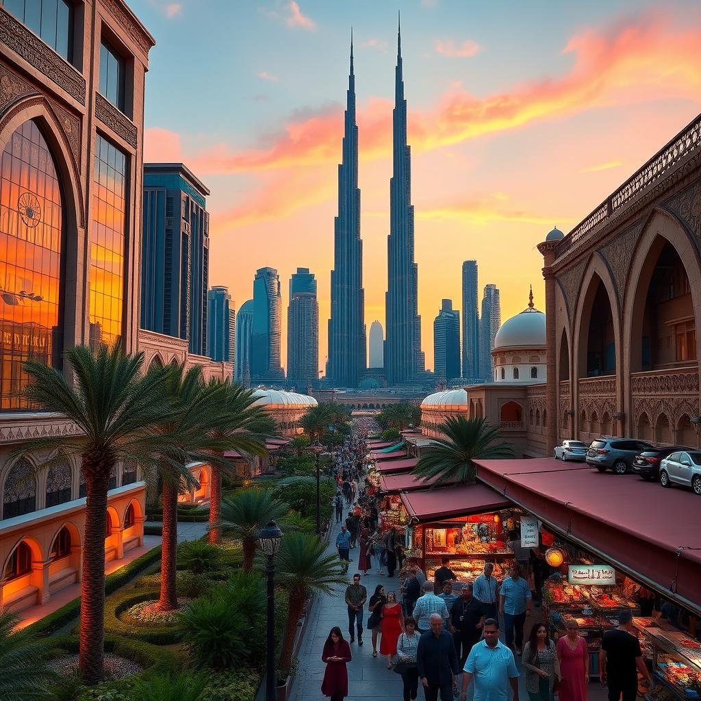 A stunning view of Dubai's skyline at sunset, showcasing the iconic Burj Khalifa and surrounding modern skyscrapers, blending seamlessly with elements of traditional Iranian architecture such as domes and minarets