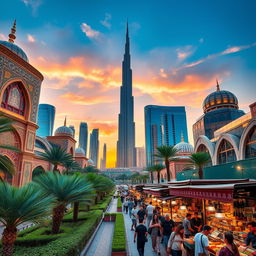 A stunning view of Dubai's skyline at sunset, showcasing the iconic Burj Khalifa and surrounding modern skyscrapers, blending seamlessly with elements of traditional Iranian architecture such as domes and minarets