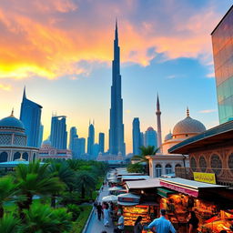 A stunning view of Dubai's skyline at sunset, showcasing the iconic Burj Khalifa and surrounding modern skyscrapers, blending seamlessly with elements of traditional Iranian architecture such as domes and minarets
