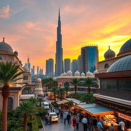 A stunning view of Dubai's skyline at sunset, showcasing the iconic Burj Khalifa and surrounding modern skyscrapers, blending seamlessly with elements of traditional Iranian architecture such as domes and minarets