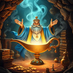 A mystical genie emerging from a beautifully ornate, ancient lamp, surrounded by a glowing mist