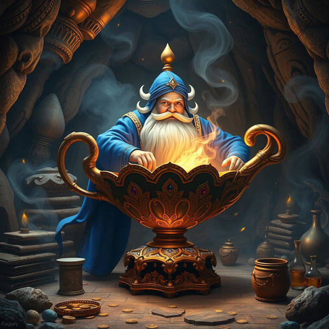 A mystical genie emerging from a beautifully ornate, ancient lamp, surrounded by a glowing mist