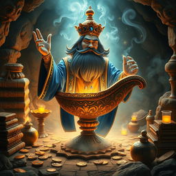 A mystical genie emerging from a beautifully ornate, ancient lamp, surrounded by a glowing mist