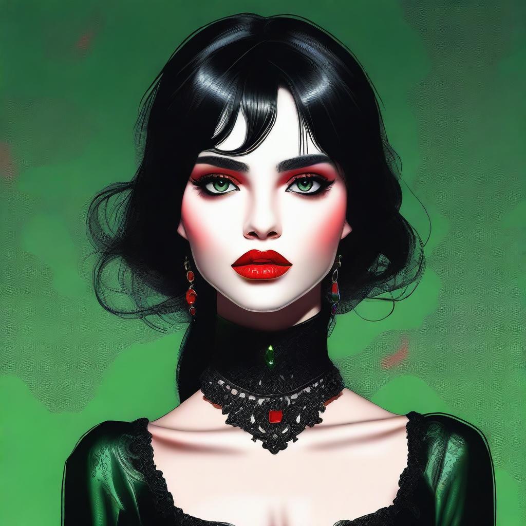 A high-quality digital art image features a young woman with a round face, entrancing green eyes, and shiny black hair