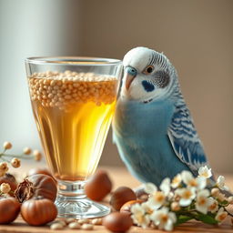 A male blue normal budgie with striking black eyes and a small white patch on its head, perched next to an elegantly styled glass filled with tea and millet seeds