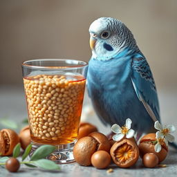 A male blue normal budgie with striking black eyes and a small white patch on its head, perched next to an elegantly styled glass filled with tea and millet seeds
