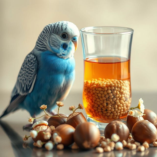 A male blue normal budgie with striking black eyes and a small white patch on its head, perched next to an elegantly styled glass filled with tea and millet seeds