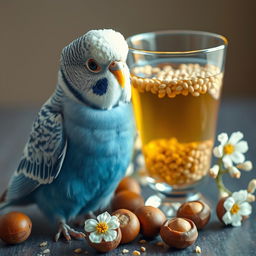 A male blue normal budgie with striking black eyes and a small white patch on its head, perched next to an elegantly styled glass filled with tea and millet seeds