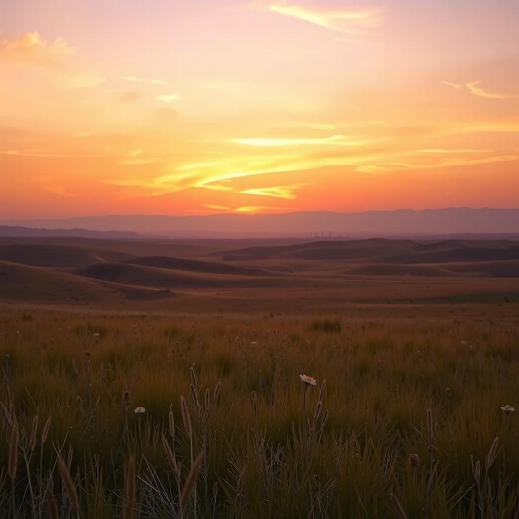 A vast Iranian plain during sunset, showcasing a breathtaking landscape with rolling hills and sparse grasslands